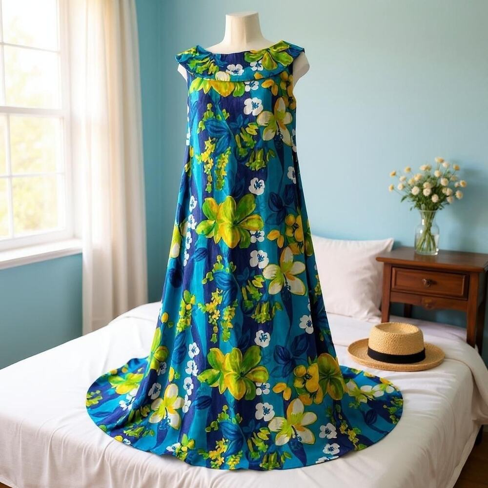 1970s VTG green-blue cotton Floral LUAU Maxi Dress Made in Hawaii MED coco girl